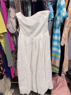 Altar'd State White Strapless Eyelet Midi Dress with Pink Trim